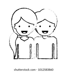 half body people with woman with pigtail hairstyle and man with short hair in black blurred contour