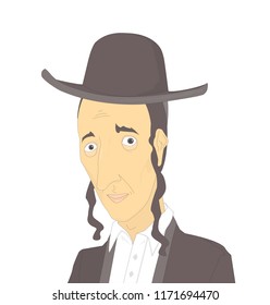 Half body portrait of a jewish orthodox (hasidic) man wearing traditional clothes  and looking with sad irony. Vector illustration. Cartoon/caricature style. Isolated on white background.