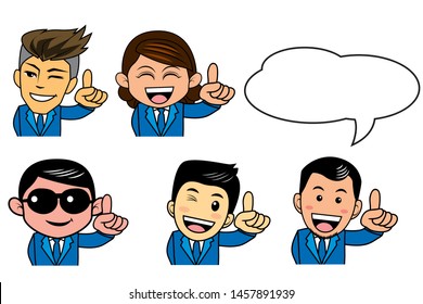 half body smile business human  with blue suit or blazer and thumbs up or finger pointing vector illustration set