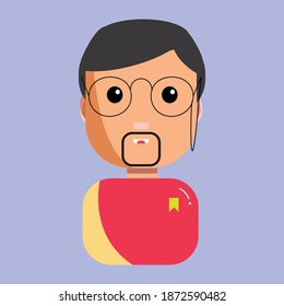 Half body vector illustration avatar of man with beard and spectacles funny cartoon flat design