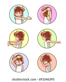 Half body warm up activity Stretching Exercise with Man Cartoon Design Style. Sports and Fitness for Health. Vector illustration of activity stretch and move concept