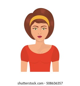half body woman with headband and short brown hair