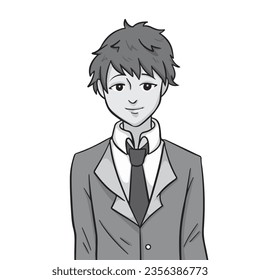 Half body young man with light skin tone and dark colored hair wearing jacket outer, shirt, and black tie vector illustration isolated on square background. Simple flat outlined cartoon anime style.
