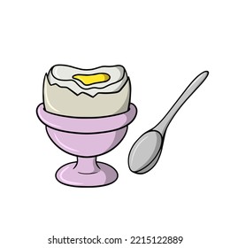 Half Boiled chicken egg on pink ceramic stand, silver spoon, cartoon-style vector illustration on white background