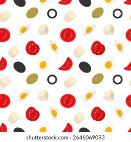Half Boiled Egg Cheese cubes Olives and Tomatoes Slices Seamless Pattern Salad ingredients Backdrop