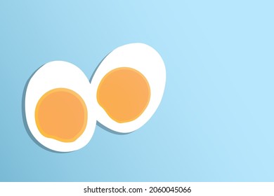 Diseño de huevo medio hervido sobre fondo azul pastel con espacio de copia para texto. Ilustración vectorial de estilo de línea plana de vista superior.