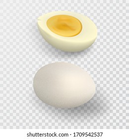 Half boiled egg. Raw whole egg. 3D objects on an isolated transparent background.Realistic vector illustration.