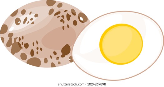 Half boiled quail egg and whole brown egg on white background