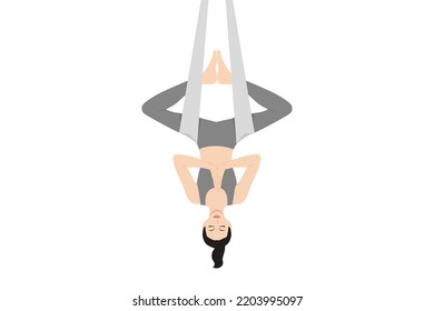 Half Bound Angle Pose Inverted Aerial. Beautiful girl practice Ardha Baddha Konasana Viparita Aerial. Young attractive woman practicing yoga exercise. working out, black wearing sportswear, grey pants