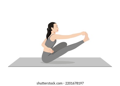 Half Bound Lotus Boat Pose. Beautiful girl practice Ardha Baddha Padma Navasana. Young attractive woman practicing yoga exercise. working out, black wearing sportswear, grey pants and top, indoor full