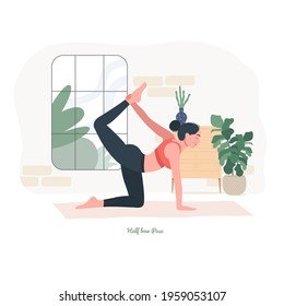Half bow Pose Yoga pose. Young woman practicing yoga  exercise. Woman workout fitness, aerobic and exercises. Vector Illustration.	