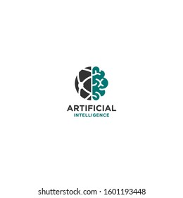 Half brain and globe icon artificial intelligence logo design vector template. Brain technology vector logo concept.