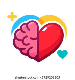Dibujos animados de corazón y medio cerebro equilibrando el bienestar mental y emocional. Adecuado para recursos de salud mental, terapia, contenido de regulación de emociones.