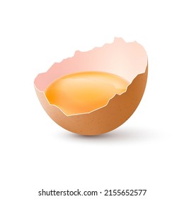 Half Broken Chicken Brown Egg with Yolk. Lies on a White Background with a Shell, Yolk