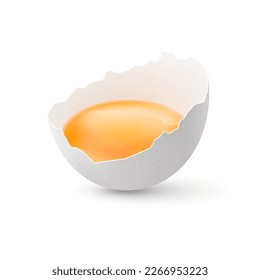 Half Broken Chicken White Egg with Yolk. Lies on a White Background with a Shell, Yolk