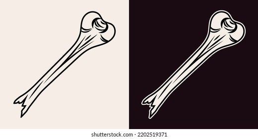Half broken off hip bone in vintage style. Monochrome illustration for Halloween, Day of the Dead, Dia de los muertos.