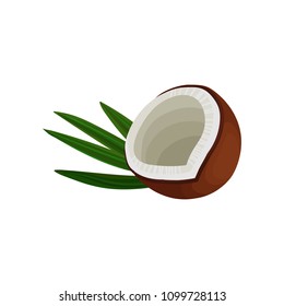 Half of brown coconut and green leaf. Tropical food. Flat vector element for eco-cosmetics emblem or shampoo label