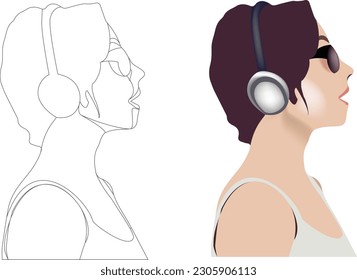 Half bust of woman with headphones sings-