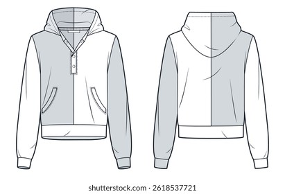 Half Button Hoodie Technical Fashion Illustration. Two Tone Sweatshirt fashion flat technical fashion illustration, front and back view, pockets, white, grey, women, men, unisex CAD mockup. 