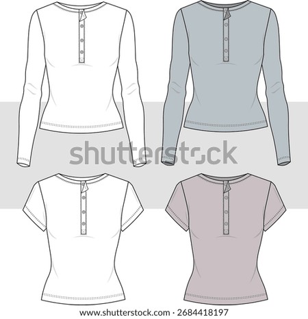 Half button slim fit tee long sleeve women top set fashion technical drawing, illustration. Flat sketch, CAD, Mockup.
