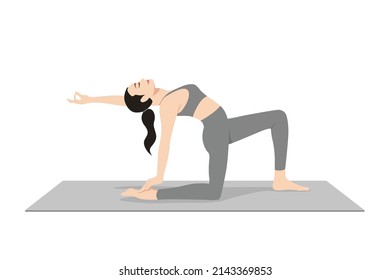 Half Camel Pose On Toe One Leg In Front. Beautiful girl practice Ardha Ustrasana On Toe One Leg In Front. Young attractive woman practicing yoga exercise. working out, black wearing sportswear, grey