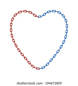 Half of chain in red and half of chain in blue colour in shape of heart 