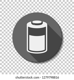 Half charged battery, technology icon. flat icon, long shadow, circle, transparent grid. Badge or sticker style