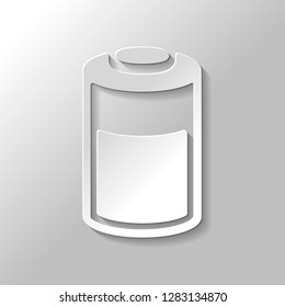 Half charged battery, technology icon. Paper style with shadow on gray background