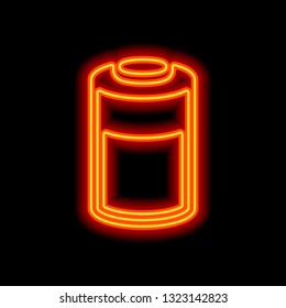 Half charged battery, technology icon. Orange neon style on black background. Light icon