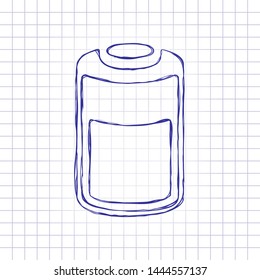 Half charged battery, technology icon. Hand drawn picture on paper sheet. Blue ink, outline sketch style. Doodle on checkered background