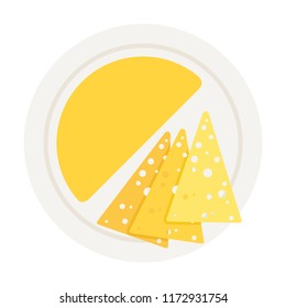Half cheese head and triangular slices of cheese on a plate vector flat material design isolated on white