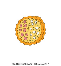 Half and half cheese pizza with different toppings on each side - pepperoni or salami on one and mushroom on other. Flat isolated drawing - vector illustration.