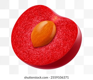 Half of cherry with pit isolated on a white background. Red cherry realistic 3d vector illustration. Ripe of berry, glistening with vibrant hues.