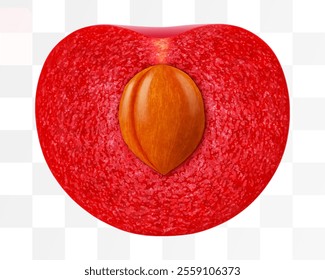 Half of cherry with pit isolated on a white background. Red cherry realistic 3d vector illustration. Ripe of berry, glistening with vibrant hues.