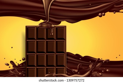 Half of chocolate bar in a chocolate splash liquid chocolate pouring over on a yellow background. 3D vector. High detailed realistic illustration