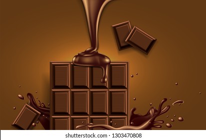Half of chocolate in a chocolate splash, pieces of chocolate and liquid chocolate pouring over on a brown background.