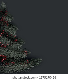 Half of Christmas tree made of spruce branches and red berries. Xmas template for cards, posters, flyers. Vector holiday illustration.