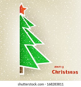 The half Christmas tree with red star on the light snow winter background
