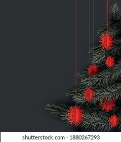 Metade da árvore de Natal de galhos de abeto. Brinquedos de árvore de Natal pendurados na covid-19 vermelha. Espaço para texto. Ilustração vetorial.