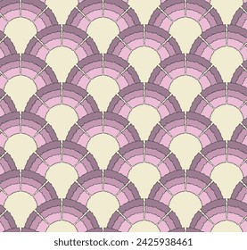 Half circle abstract modern seamless pattern. Geometrical grid. Hand drawn decorative doodle wavy line. Web vintage ornamental background. Vector illustration. Lilac white cream colours