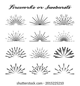 Halbkreis Schwarze Sonnenstrahlen Sammlung im Retro-Stil. Vektor-Set von Vintage-Grunge-Design-Elementen, halbiert Lichtstürme, Explosion, Feuerwerk