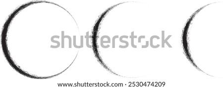 Half Circle Brush Stroke  . Crescent moon . Letter c in grunge style for your Design . Moon logo . Grunge textured  . Moon phase . Semi circles and full circle with rough edges . Vector illustration