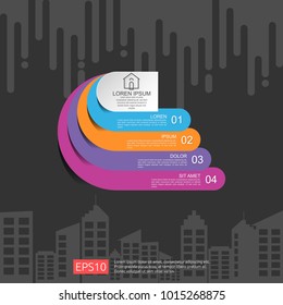 half circle for business concept infographic with abstract cloud and building background. Template for workflow layout, cycling diagram, graph, presentation, annual report, web design and round chart.