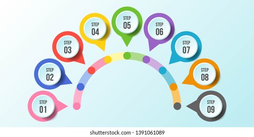 Half Circle Chart, Timeline Infographic Templates With 9 Steps