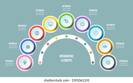 Half Circle chart, Timeline infographic templates with 9 steps
