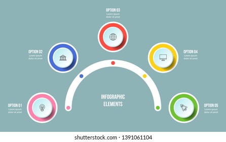 Half Circle chart, Timeline infographic templates with 5 steps