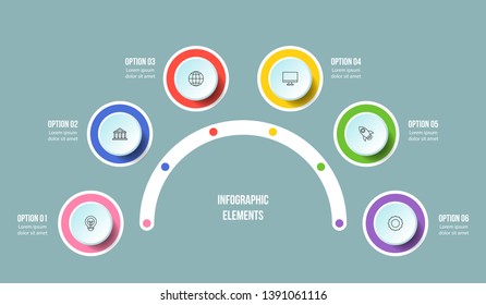 Half Circle chart, Timeline infographic templates with 6 steps