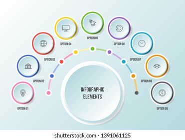 Half Circle Chart, Timeline Infographic Templates With 9 Steps