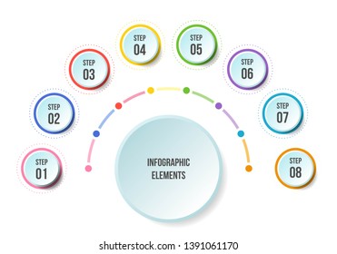 Half Circle chart, Timeline infographic templates with 8 steps