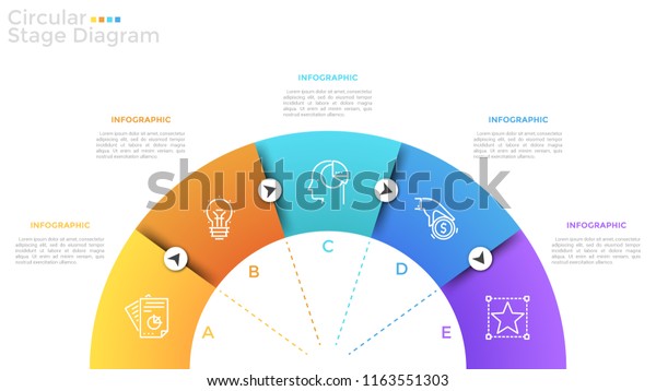 Half circle divided into 5 colorful sectors\
with thin line icons, letters and arrows. Semi-circular diagram\
with five stages or steps. Modern infographic design template.\
Vector illustration.